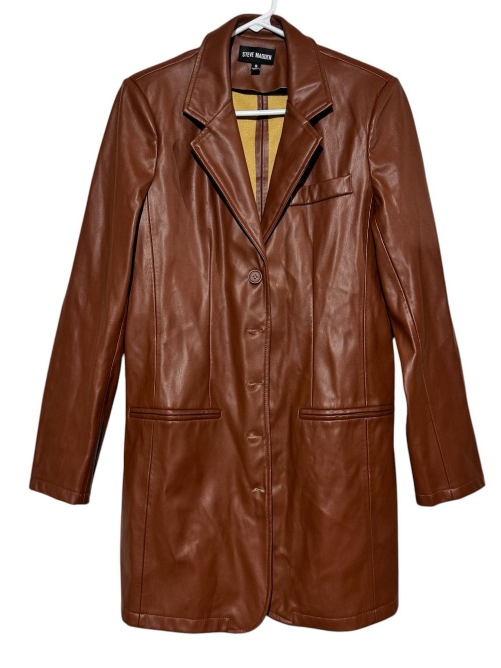 Steve Madden Brown Faux Leather Blazer Size Small Boyfriend Long Trench Western